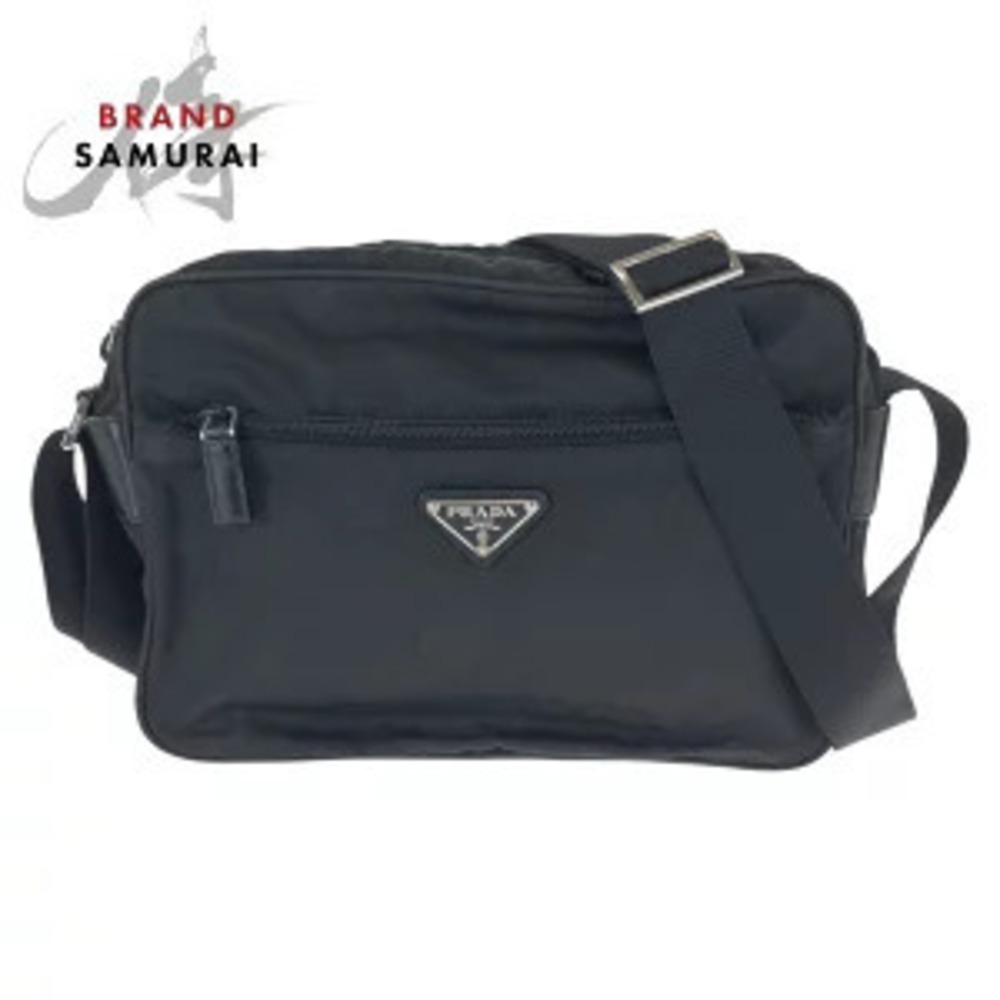 Prada Tessuto triangular plate black leather shoulder bag messenger